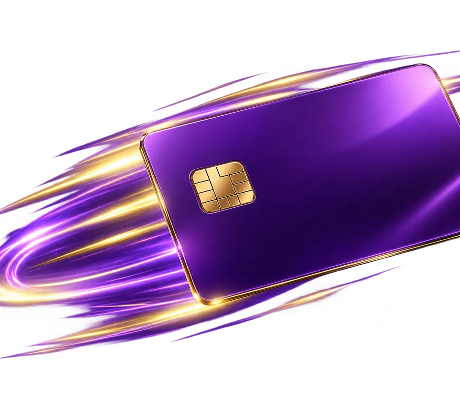 Purple bank card with a gold chip, the Mastercard route at Here2Win Casino