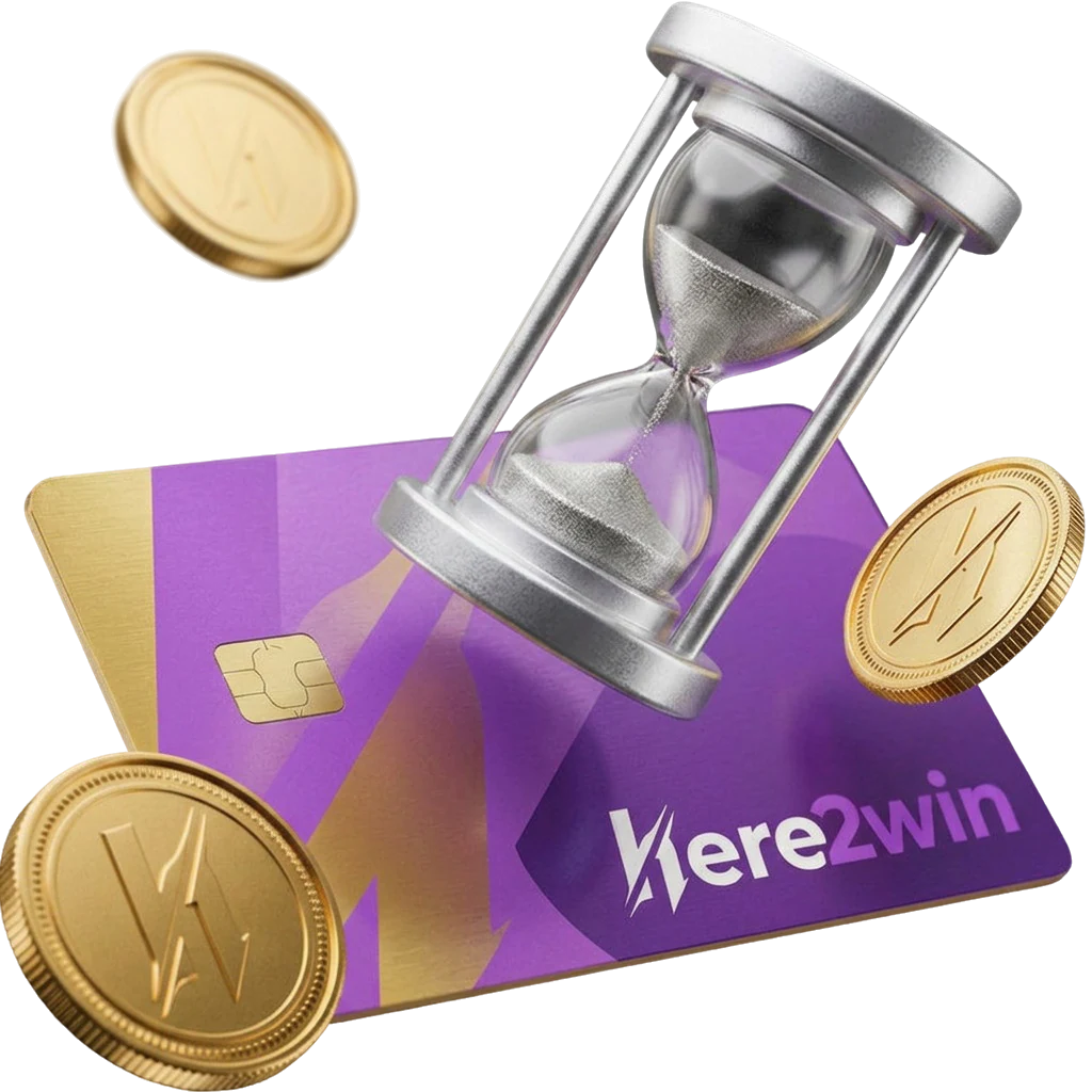 Silver hourglass above a purple Here2Win card, for the unpublished pending time at Here2Win Casino